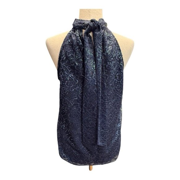 J Crew Womens Tie Neck in Metallic Lance Top~Size M~Midnight Blue Blouse L15 16 - Picture 5 of 10